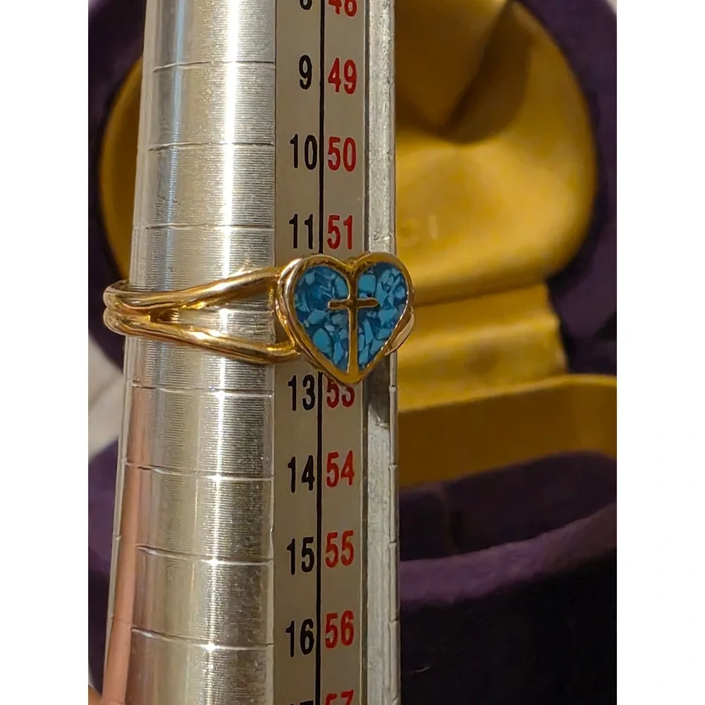 Vintage Style‎ Gold Tone Adjustable Ring Turquoise Heart Cross Faith Jewelry